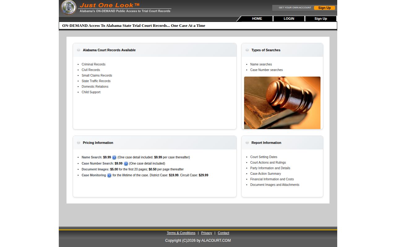 Alabama Just One Look court disposition search interface