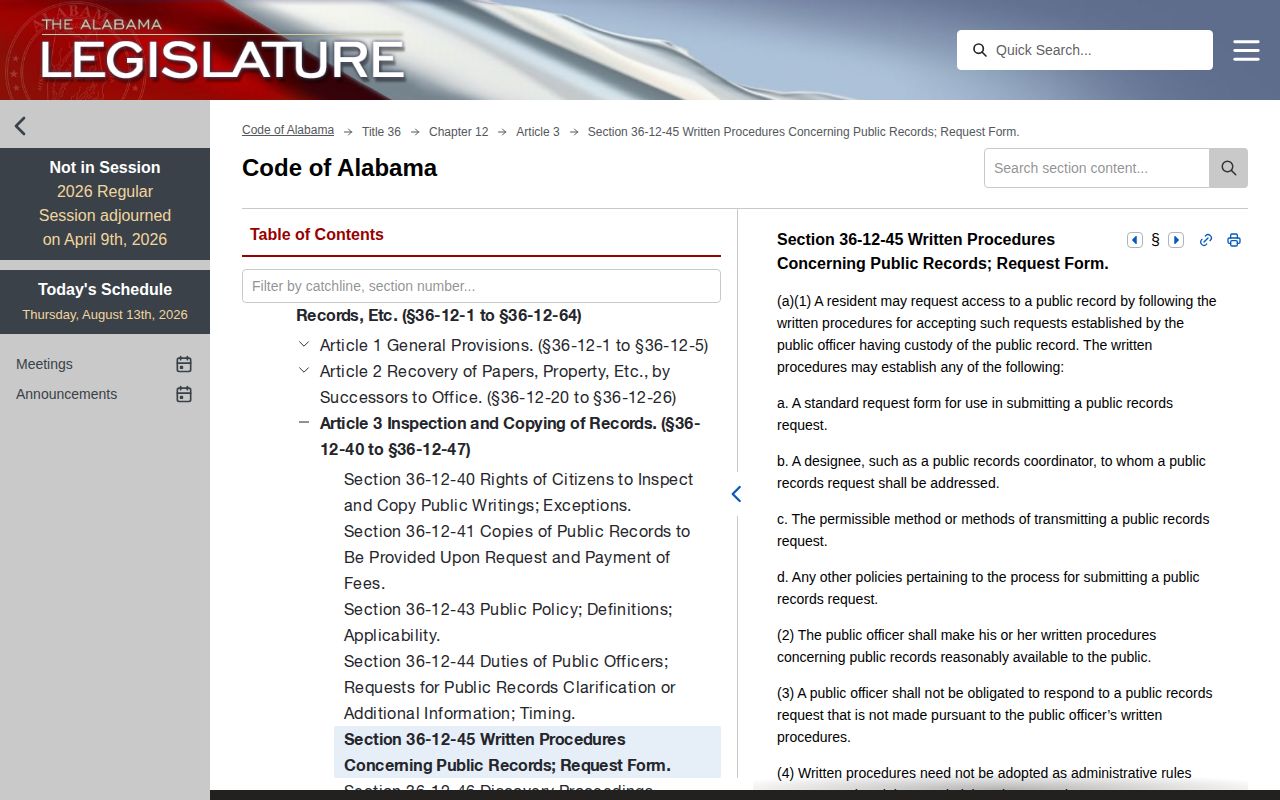 Alabama official public-record request procedure page